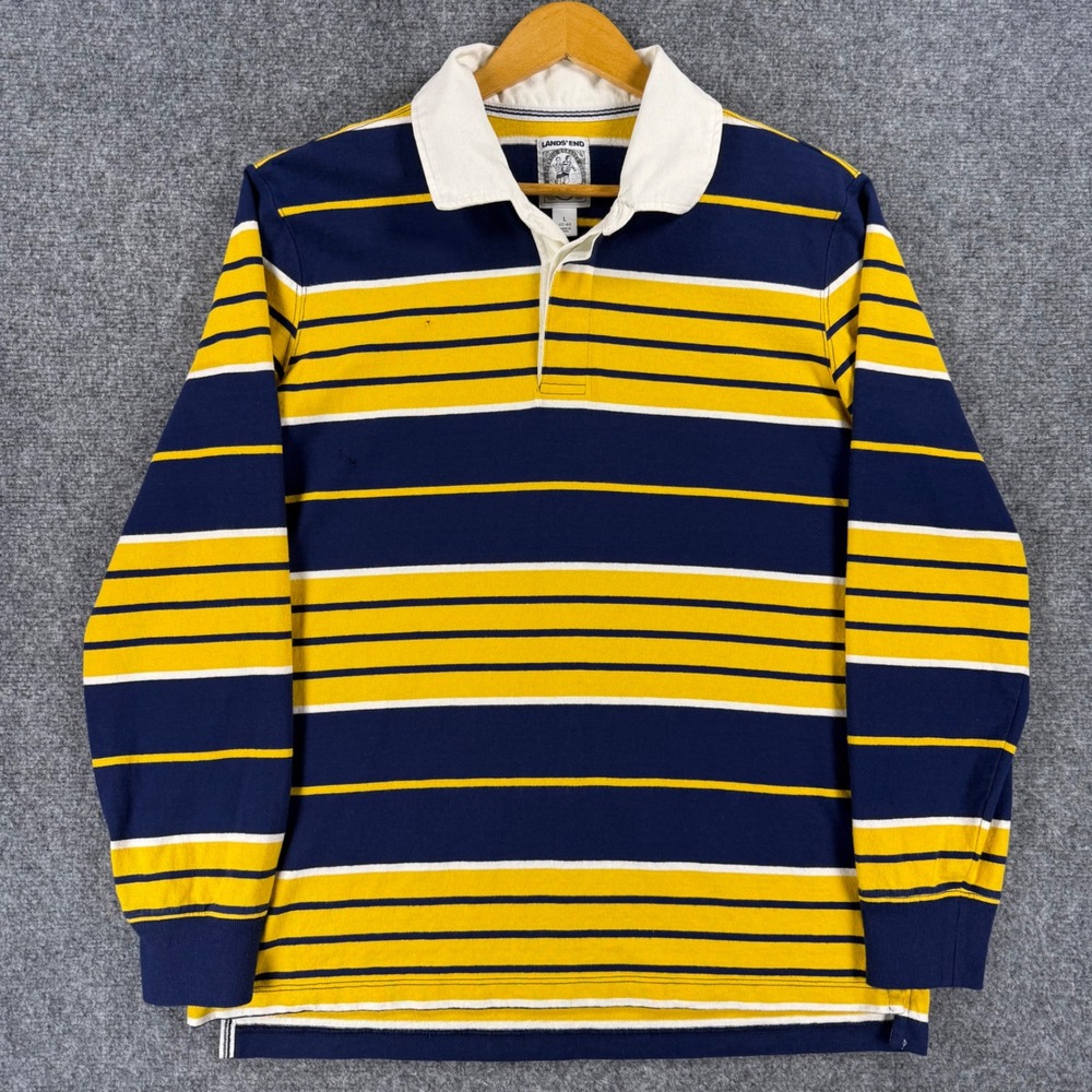 Vintage Lands End Rugby Shirt Men's Large Blue Yellow Striped Long Sleeve Cotton